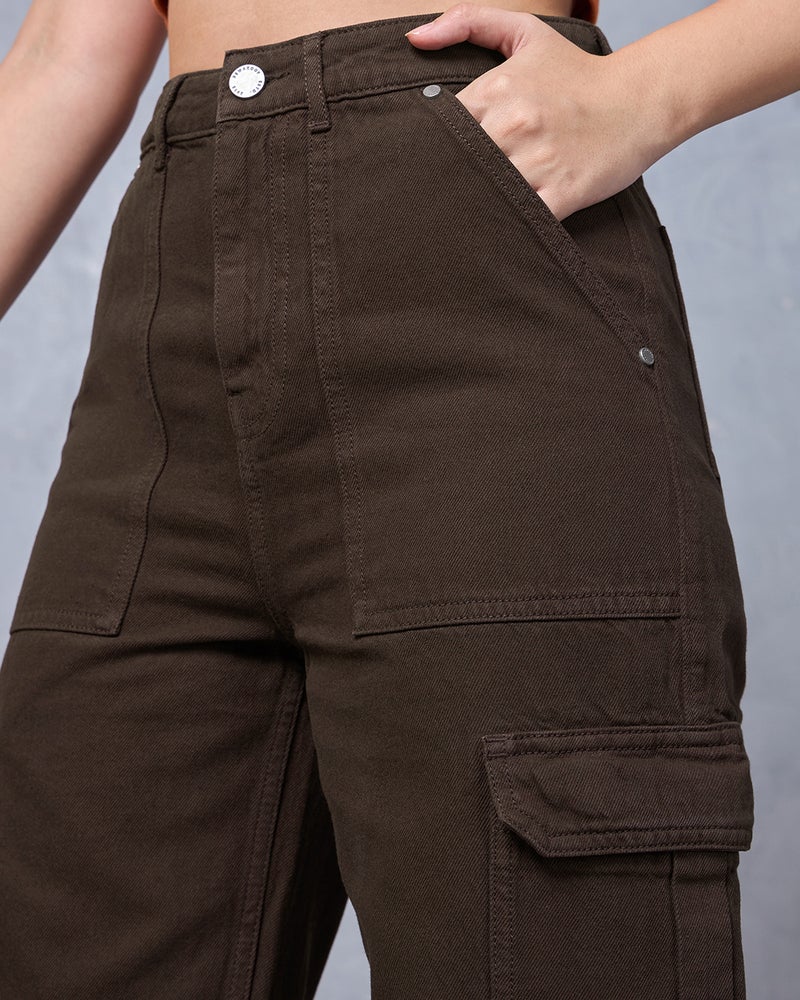 bewakoof Women's Dark Brown Straight Fit Cargo Jeans - Image 5
